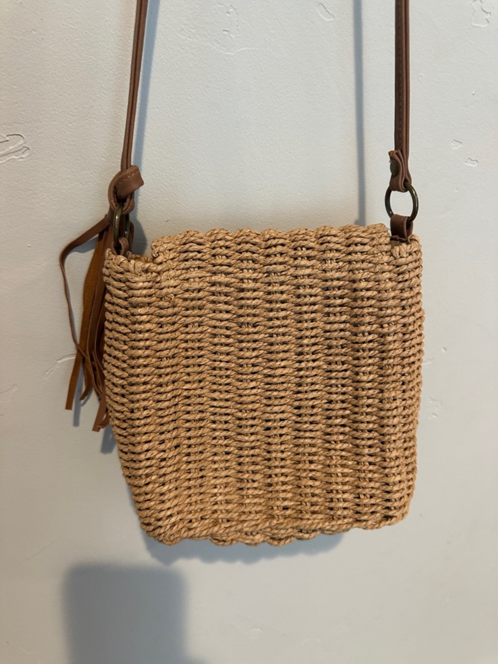 Woven Straw Crossbody Bag with Tassel - Brown - Picture 3 of 3